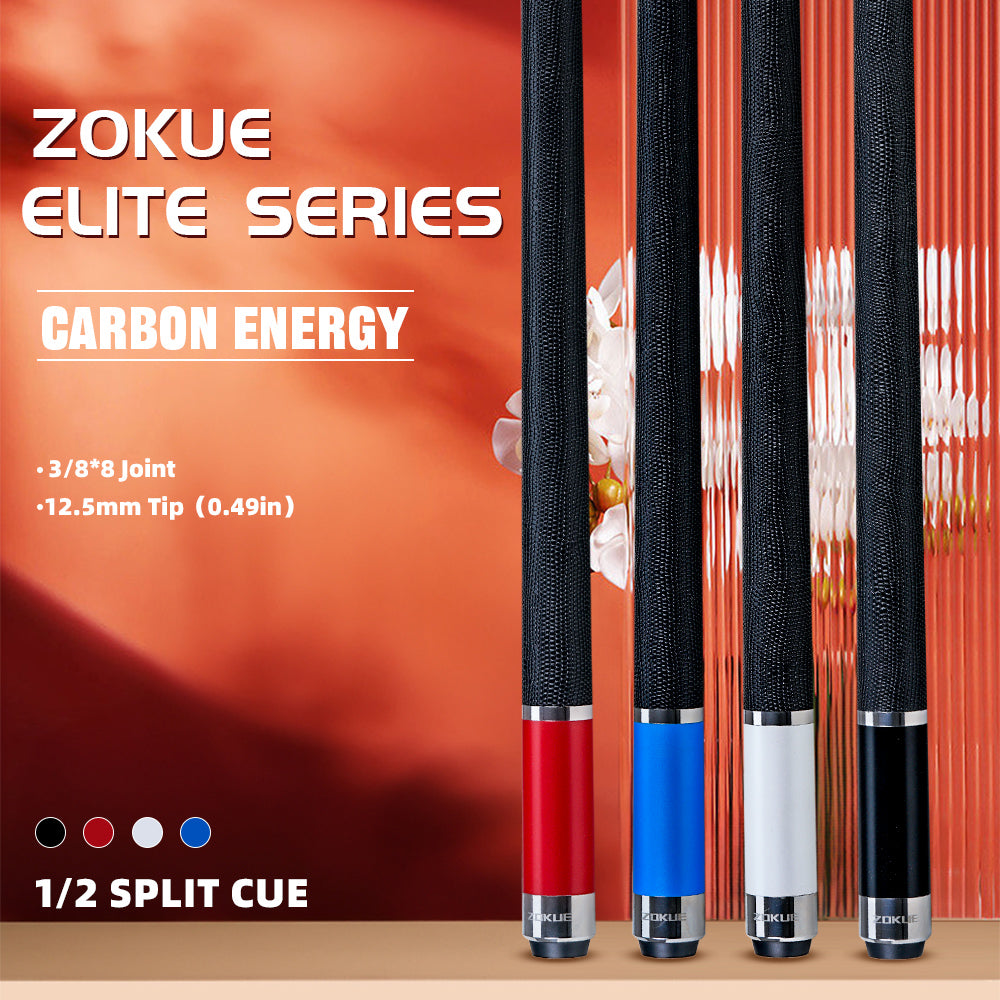 Zokue Elite Series carbon energy split cue with color options on a red background