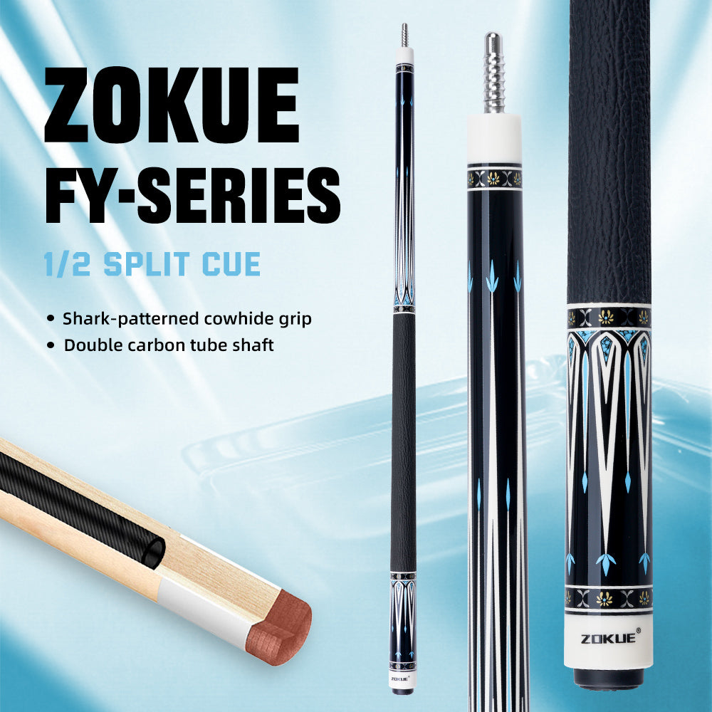 Zokue FY-Series pool cue with shark-patterned cowhide grip and double carbon tube shaft.