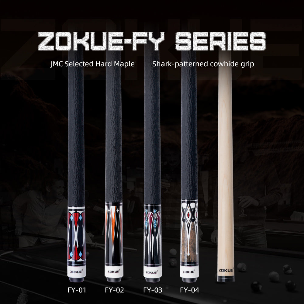 Zokue-FY series pool cues with shark-patterned cowhide grip