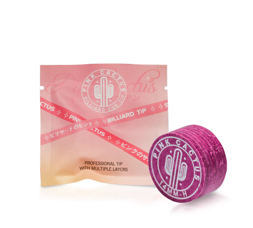 Pink Cactus billiard tip packaging and product on a white background