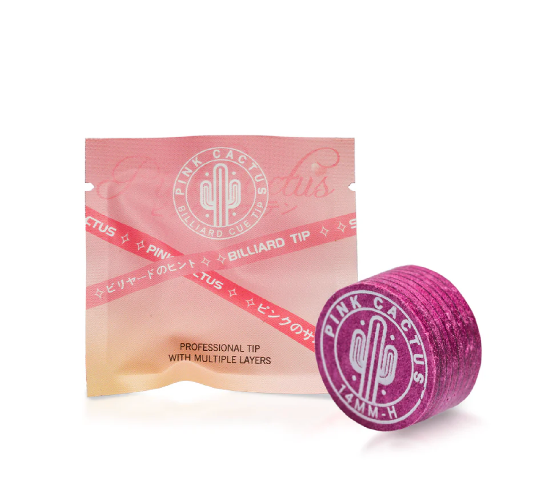Pink Cactus billiard tip packaging and product on a white background